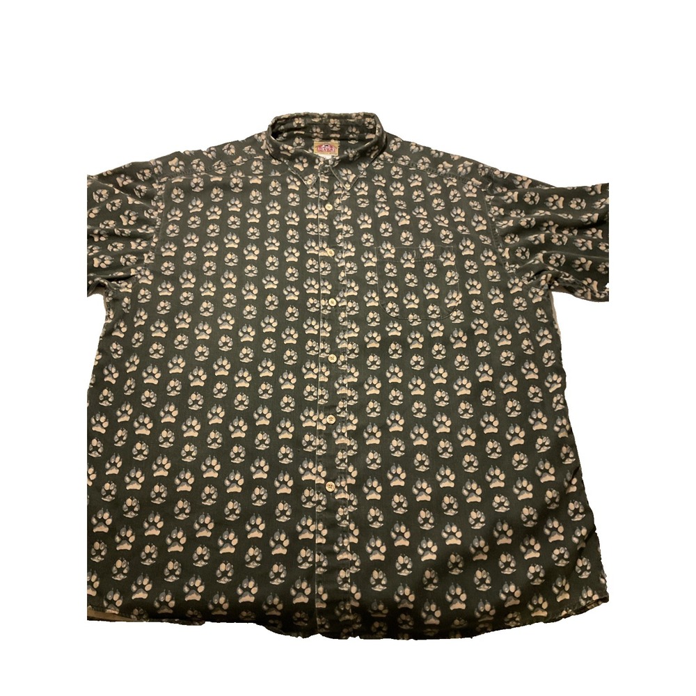 Barn Fly Shirt Mens L Button Long Sleeve Green‎ w Paw Prints Made USA D53